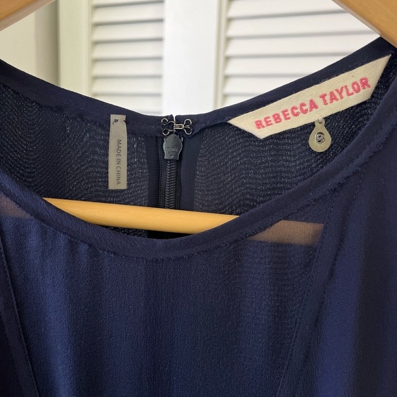 Rebecca Taylor Pieced Godet Sheer Insert Silk Flare Dress | Navy Blue | Size 8 - Picture 12 of 16